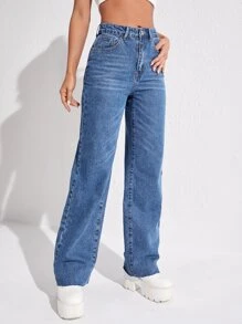 Zipper Fly Straight Leg Jeans - Medium Wash - View 3