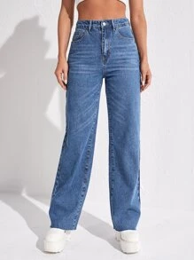 Zipper Fly Straight Leg Jeans - Medium Wash - View 5