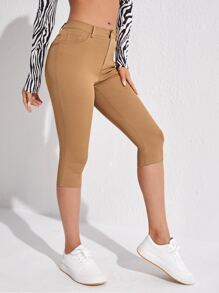 Slant Pocket Skinny Capri Jeans - Khaki - View 1