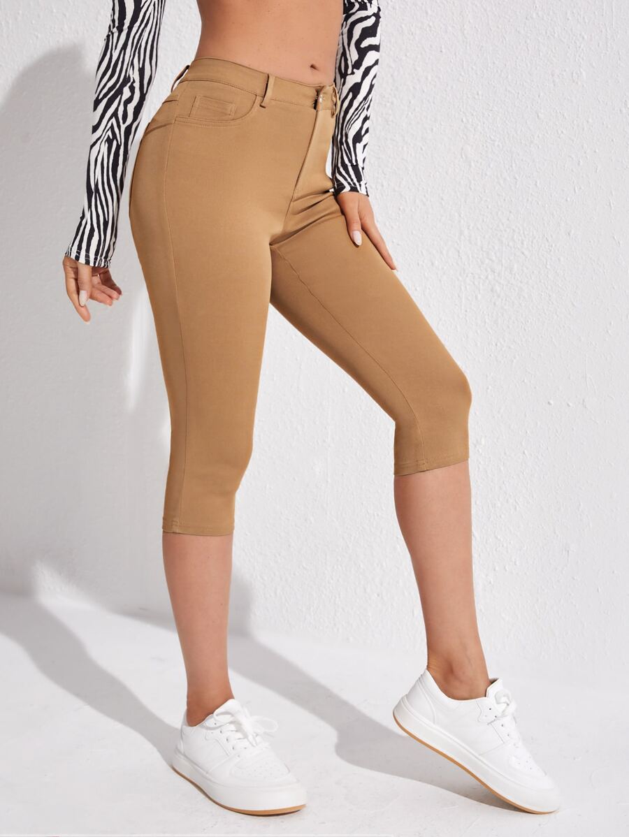 Slant Pocket Skinny Capri Jeans - Khaki - View 1