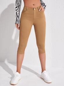 Slant Pocket Skinny Capri Jeans - Khaki - View 3
