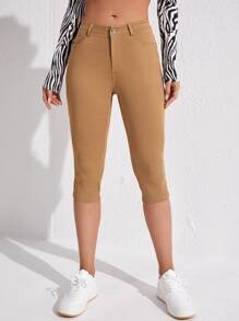 Slant Pocket Skinny Capri Jeans - Khaki - View 6