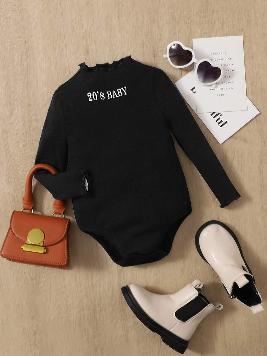 SHEIN Bodysuits Em bé Xù nhỏ Lá thư - màu đen - Xem 1