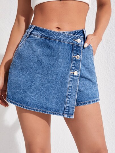 SHEIN Essnce High Waist Button Front Denim Skort | SHEIN USA