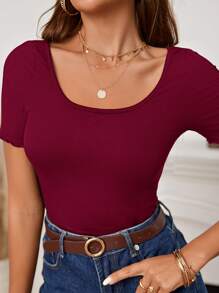 SHEIN Privé Ribbed Knit Scoop Neck Form Fitted Tee - Burgundy - View 3