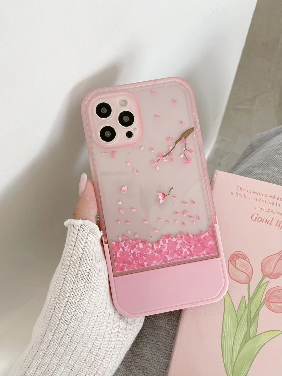 Sakura Painted Clear Phone Case With Invisible Desktop Holder - Multicolor - View 1