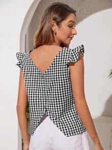 SHEIN Blusa de guingán con botón trasero de manga mariposa - Blanco y Negro - Ver 1
