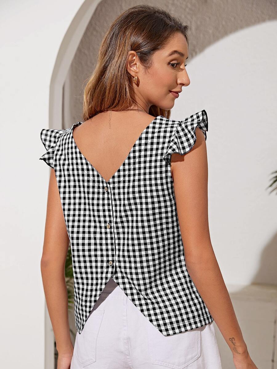 SHEIN Blusa de guingán con botón trasero de manga mariposa - Blanco y Negro - Ver 1