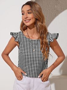 SHEIN Blusa de guingán con botón trasero de manga mariposa - Blanco y Negro - Ver 3