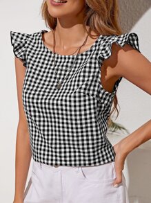 SHEIN Blusa de guingán con botón trasero de manga mariposa - Blanco y Negro - Ver 2