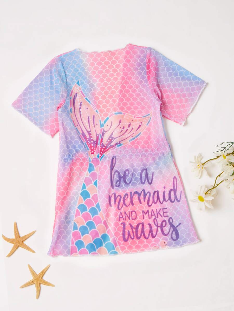 Young Girl 1pc Cute Mermaid Tail Fish Scale Tie-Dye Alphabet Mesh Comfortable Breathable Cover Up Sun Protection For Summer - Multicolor - View 1