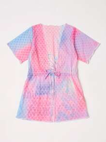 Young Girl 1pc Cute Mermaid Tail Fish Scale Tie-Dye Alphabet Mesh Comfortable Breathable Cover Up Sun Protection For Summer - Multicolor - View 2