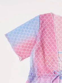 Young Girl 1pc Cute Mermaid Tail Fish Scale Tie-Dye Alphabet Mesh Comfortable Breathable Cover Up Sun Protection For Summer - Multicolor - View 3