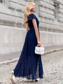 MIUSOL Contrast Lace Ruffle Trim Wrap Hem Dress - Navy Blue - View 2