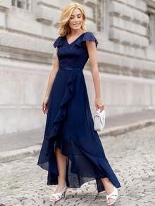 MIUSOL Contrast Lace Ruffle Trim Wrap Hem Dress - Navy Blue - View 7