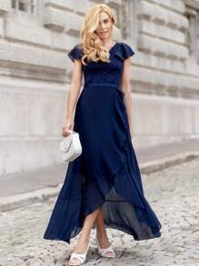 MIUSOL Contrast Lace Ruffle Trim Wrap Hem Dress - Navy Blue - View 3