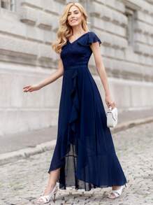 MIUSOL Contrast Lace Ruffle Trim Wrap Hem Dress - Navy Blue - View 5