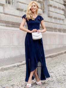 MIUSOL Contrast Lace Ruffle Trim Wrap Hem Dress - Navy Blue - View 8