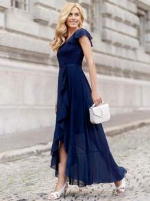 MIUSOL Contrast Lace Ruffle Trim Wrap Hem Dress - Navy Blue - View 6