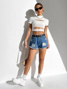 SHEIN Camiseta corta de cuello alto con abertura - Blanco - Ver 3