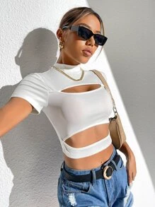 SHEIN Camiseta corta de cuello alto con abertura - Blanco - Ver 5