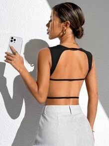 Firerie Solid Backless Crop Tank Top - Black - View 1