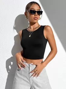 Firerie Solid Backless Crop Tank Top - Black - View 4