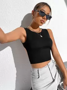 Firerie Solid Backless Crop Tank Top - Black - View 5