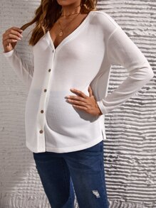 SHEIN Maternidad Camiseta de hombros caídos con botón delantero - Blanco - Ver 4