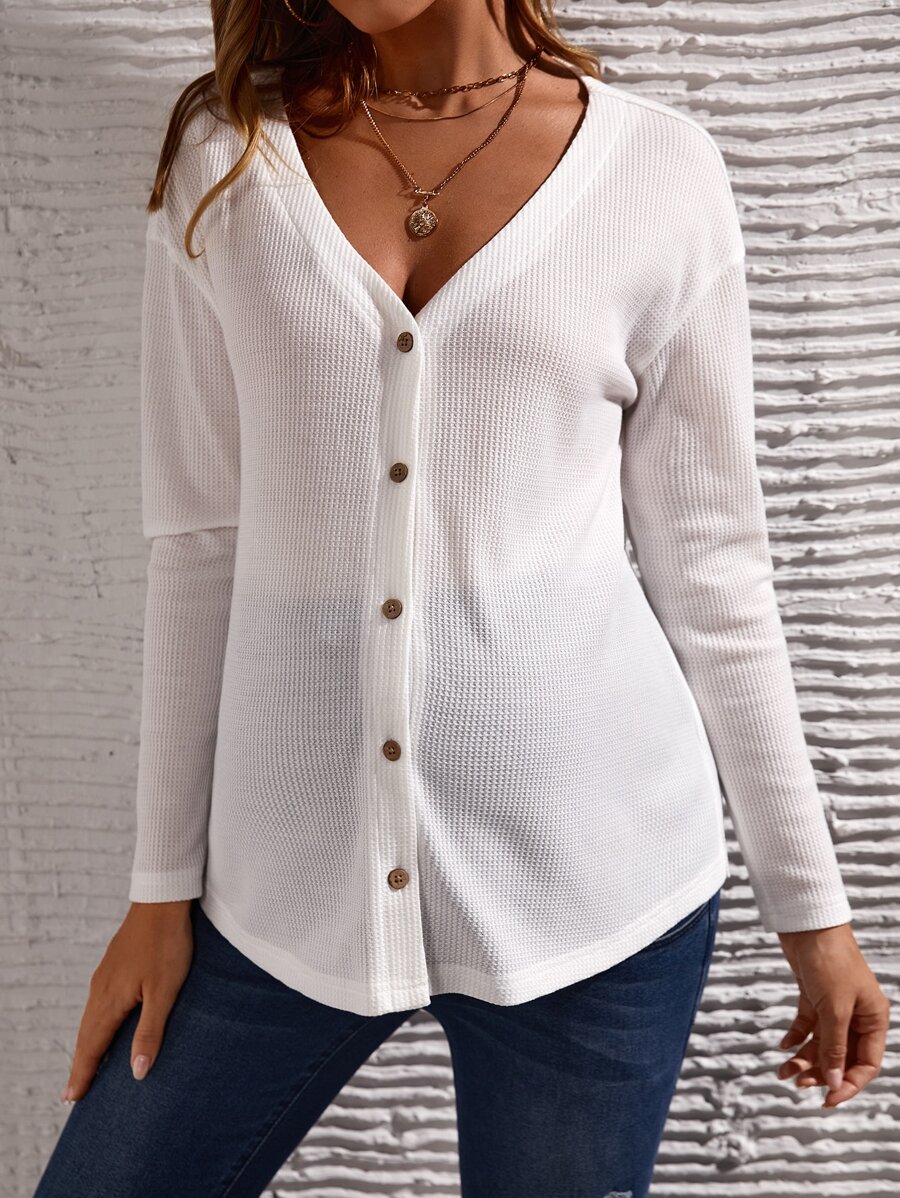 SHEIN Maternidad Camiseta de hombros caídos con botón delantero - Blanco - Ver 1