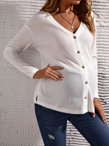 SHEIN Maternidad Camiseta de hombros caídos con botón delantero - Blanco - Ver 5