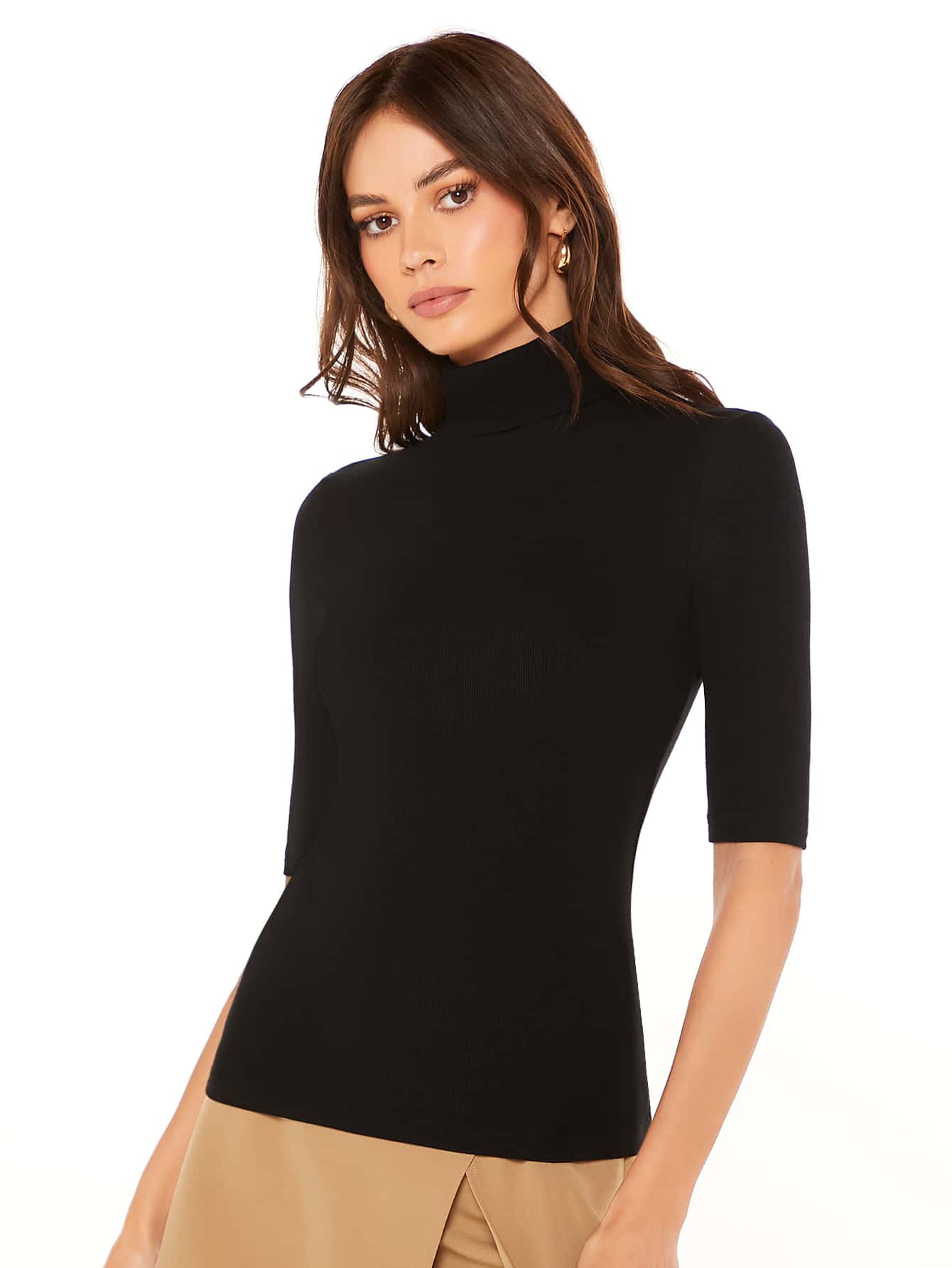 SHEIN BASICS Áo thun nữ màu trơn Giải trí - màu đen - Xem 1