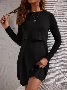 SHEIN Maternity Solid Nursing Tee Dress - Black - View 1