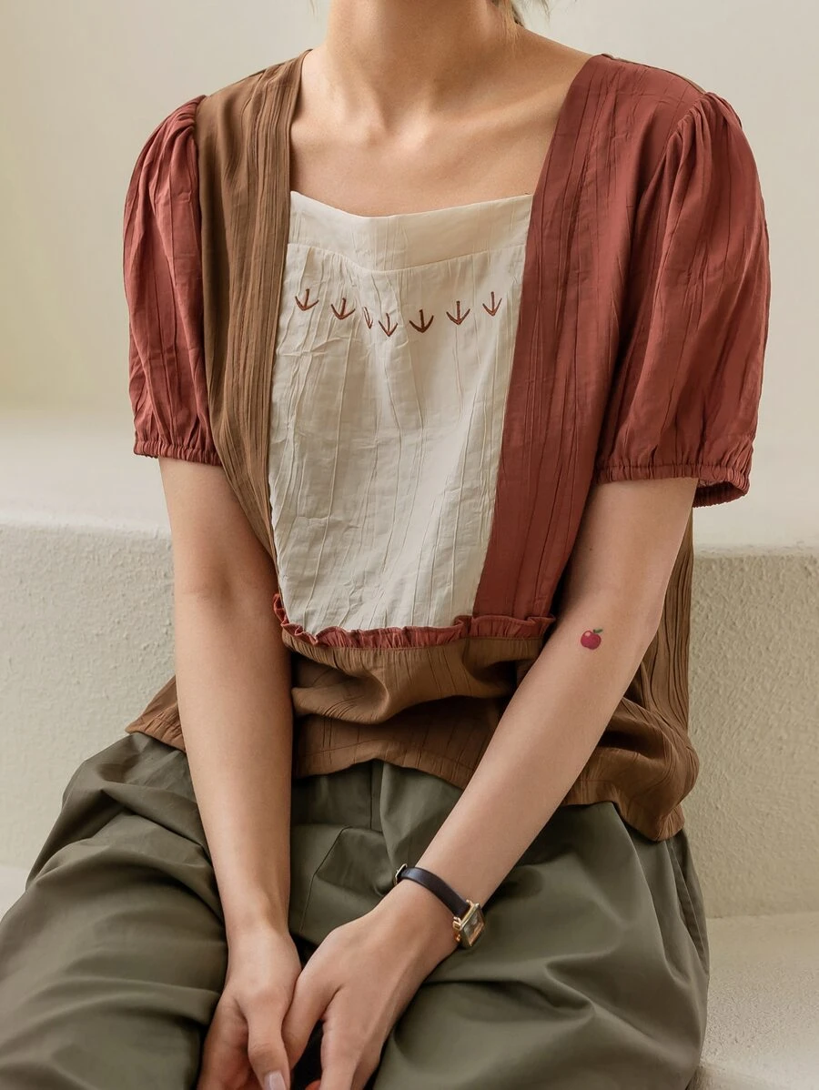 DAZY Colourblock Frill Trim Puff Sleeve Blouse - Multicolor - View 1