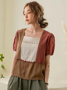 DAZY Colourblock Frill Trim Puff Sleeve Blouse - Multicolor - View 4