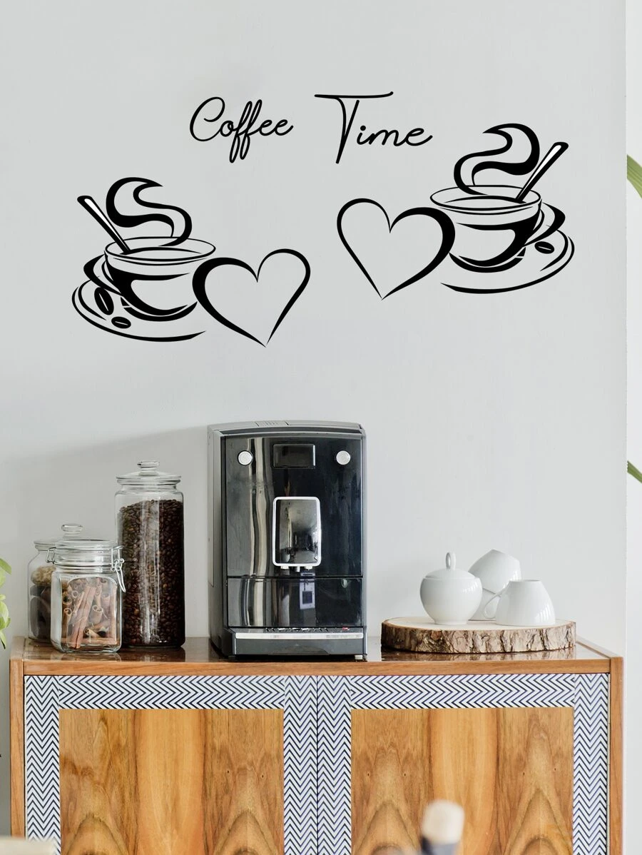 2 Cái/bộ Trái Tim & Cà Phê Hoa Văn Dán Tường Hoạt Hình PVC Decal Dán Tường Trang Trí Nhà Cửa - màu đen - Xem 1