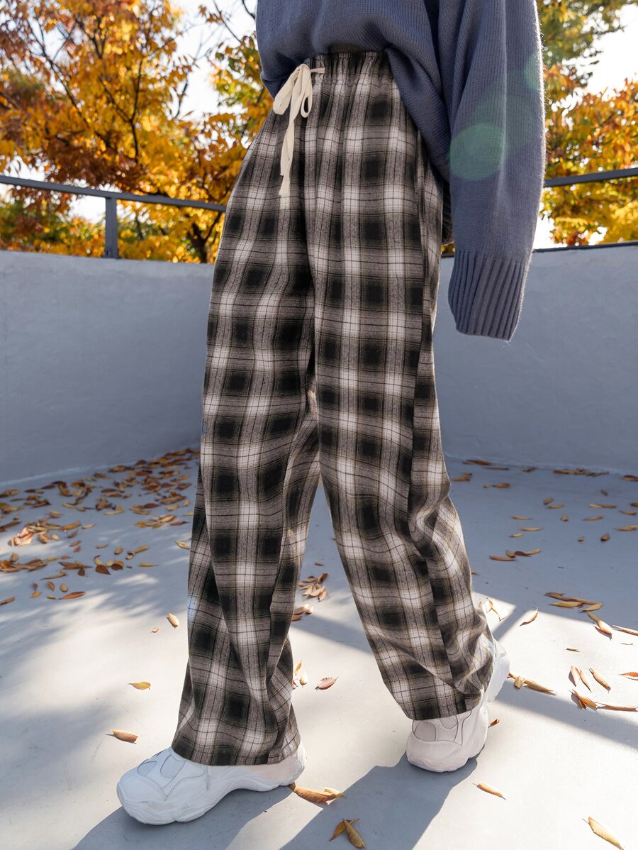 DAZY Plaid Drawstring Waist Trousers - Coffee Brown - View 1