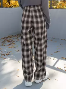 DAZY Plaid Drawstring Waist Trousers - Coffee Brown - View 2