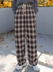 DAZY Plaid Drawstring Waist Trousers - Coffee Brown - View 3