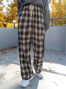 DAZY Plaid Drawstring Waist Trousers - Coffee Brown - View 5