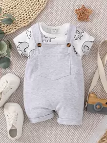 Baby Elephant Print Bodysuit & Patched Pocket Overall Romper - Multicolor - View 1