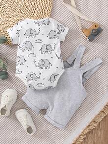 Baby Elephant Print Bodysuit & Patched Pocket Overall Romper - Multicolor - View 2