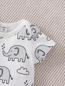 Baby Elephant Print Bodysuit & Patched Pocket Overall Romper - Multicolor - View 8