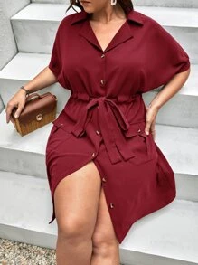 SHEIN Unity Plus Batwing Sleeve Drawstring Waist Flap Pocket Dress - Burgundy - View 1