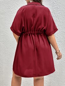SHEIN Unity Plus Batwing Sleeve Drawstring Waist Flap Pocket Dress - Burgundy - View 2