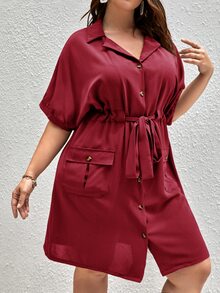 SHEIN Unity Plus Batwing Sleeve Drawstring Waist Flap Pocket Dress - Burgundy - View 3