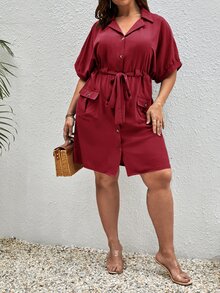 SHEIN Unity Plus Batwing Sleeve Drawstring Waist Flap Pocket Dress - Burgundy - View 4