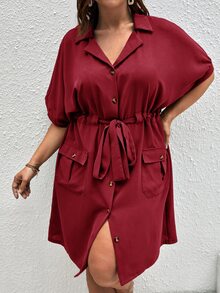 SHEIN Unity Plus Batwing Sleeve Drawstring Waist Flap Pocket Dress - Burgundy - View 5