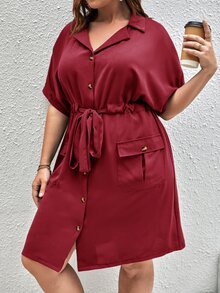 SHEIN Unity Plus Batwing Sleeve Drawstring Waist Flap Pocket Dress - Burgundy - View 6