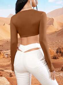 Western Fringe Trim Crop Top - Brown - View 2